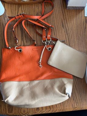 Calvin Klein Orange and Beige Two-Tone Leather Tote